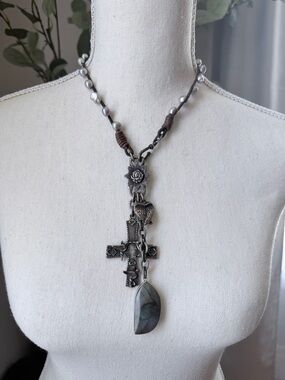 Paula Carvalho Pave Diamond Cross & Labradorite Necklace
